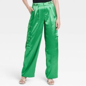 a new day Emerald Satin Wide-Leg Cargo Pants